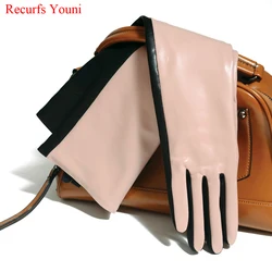 Winter Women Genuine Leather Contrast Color 40/50 cm Long Gloves Female Pink/Black Opera Evening Luva Mujer Street Deri Gantlet