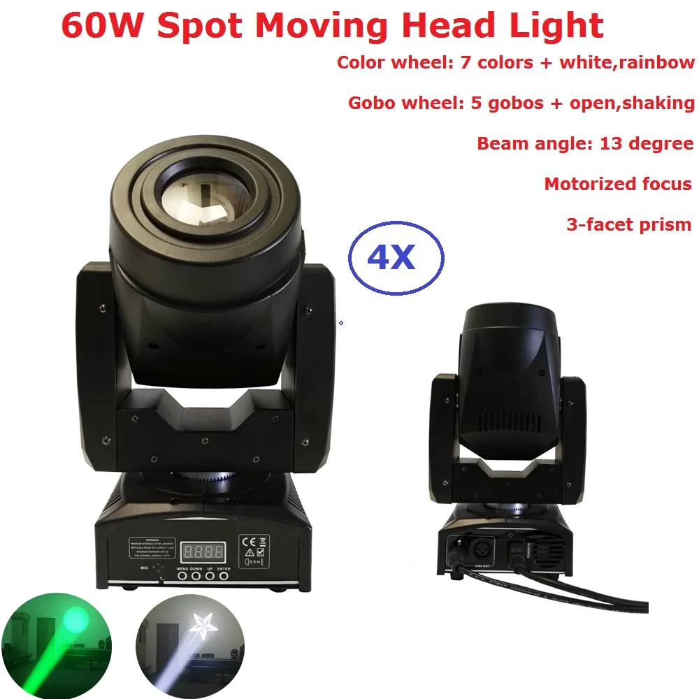 

Carton Package 4XLot 60W Gobo LED Moving Head Light 3 Facet Prism LCD Display DMX Controller 4/15 Channel 13 Degree Beam Angle