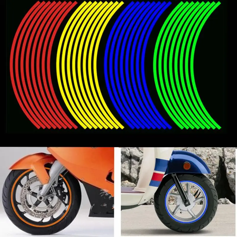 16pcs Motorcycle Wheel Stickers Reflective Strips 12in Waterproof Rim Stripe Tape Scooter Bike Tire Decoration for Honda/Suzuki