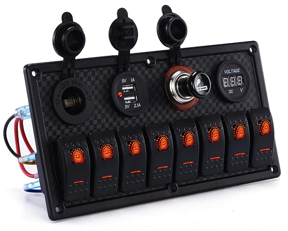 Car Marine Waterproof 5 Pin Boat Rocker Switch Panel with Fuse Dual USB Slot LED Light + Power Socket Voltmeter 8 gangs