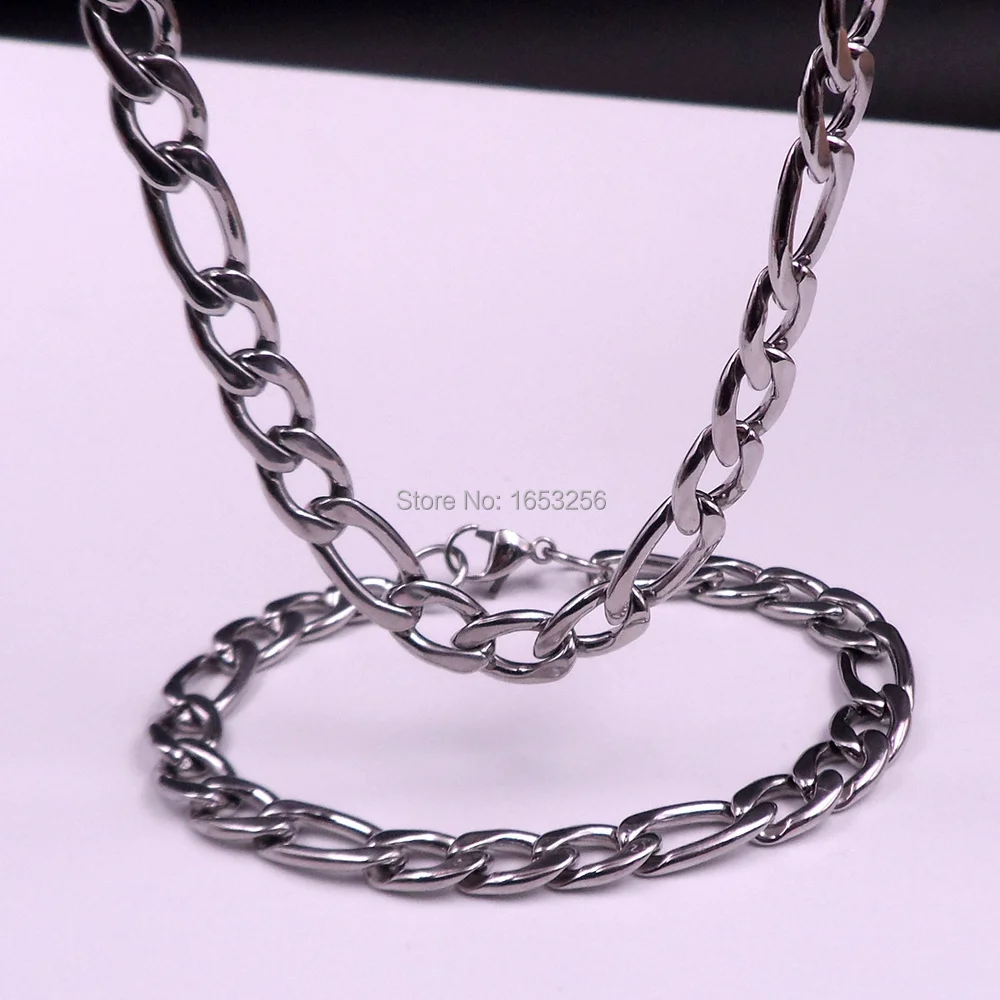 7mm/9mm Fashion figaro NK 1:3 Link  Chain Bracelet & Necklace Set Stainless Steel Men's Jewlery Set