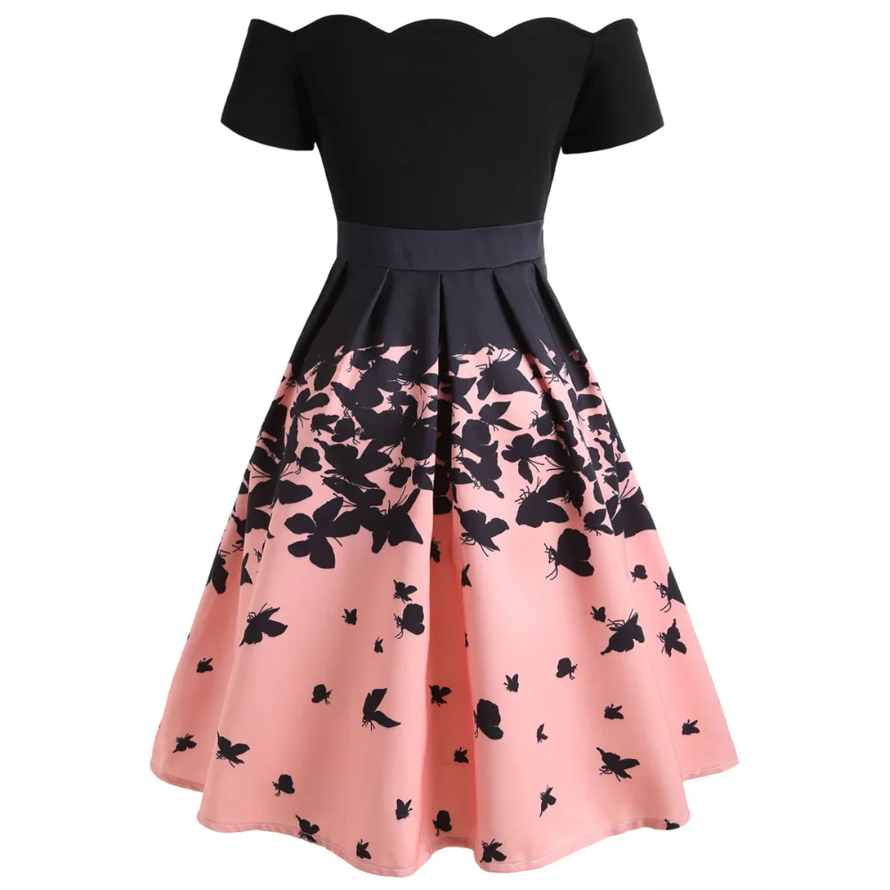 Floral Print Women Vintage Dress Slash Neck Black Pink Patchwork Casual Party Dresses Sexy Elegant A-Line Swing Retro Vestidos image 2