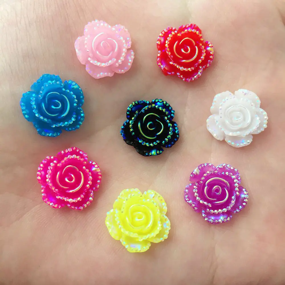 New 60Pcs 14mm AB Resin Rose Flatback Flower Stone Scrapbook Wedding Buttons DIY R22*3