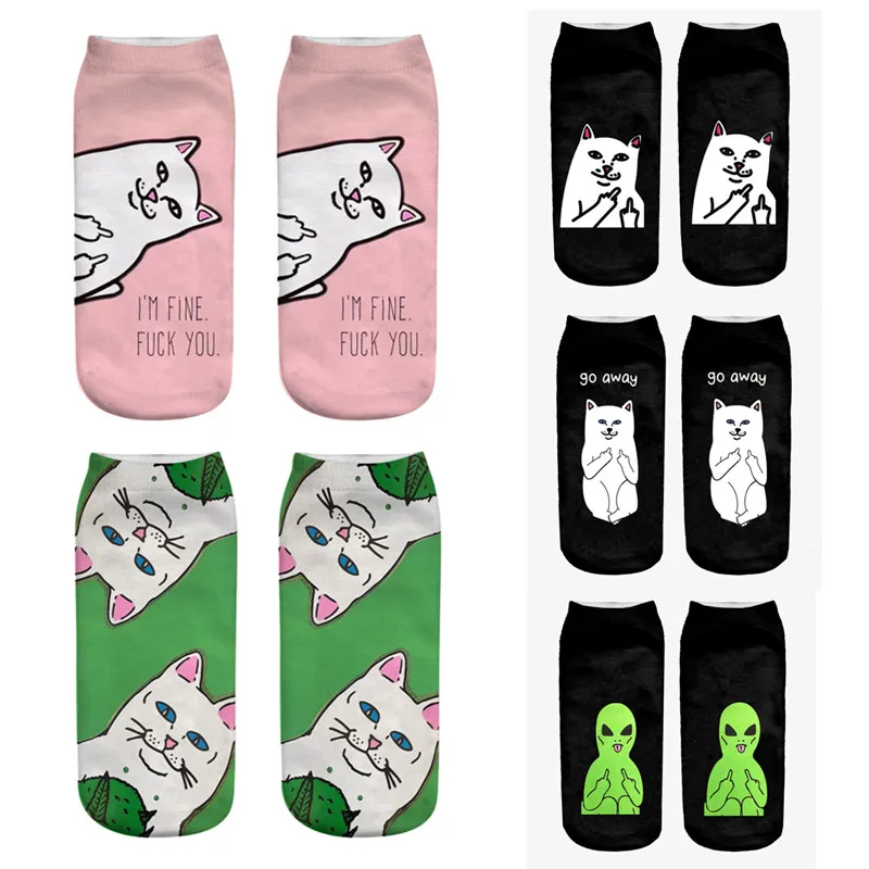 2024 New Cartoon Cat Socks 3D Print Art Funny Socks Women Cute Low Cut Ankle Socks Calcetines Mujer Fashion Female Short Sock