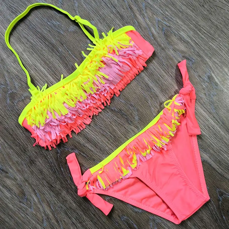 5-12 Years Teenager Girls Swimsuit Kids Swimwear Tassel Big Girl Bikini Halter Top Bathing Suit Fringe Children Girl Swim Wear