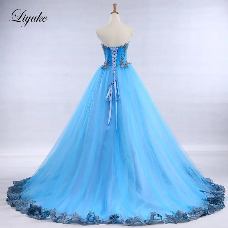 Liyuke Strapless A-Line Sky Blue Evening Dresses Elegant  New Arrival Floor-Length Tulle With Beautiful Appliques