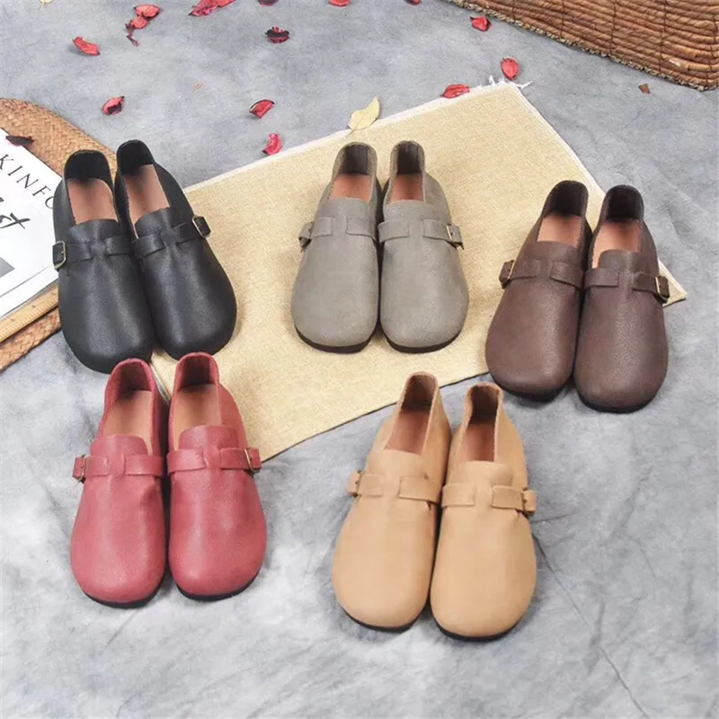 women flats summer women genuine leather shoes slip on round Toe vintage laces loafers sneakers pregnant mother driving shoes