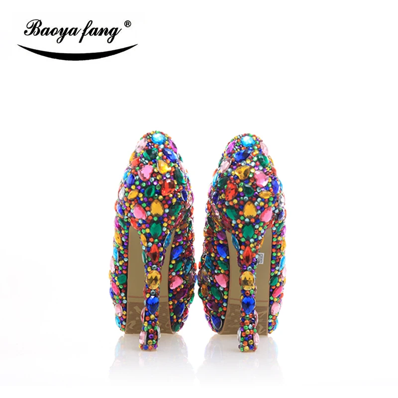 New Multicolor crystal womens wedding shoes real leather Bride High heels party dress Pumps High shoes Fashion Platform shoes