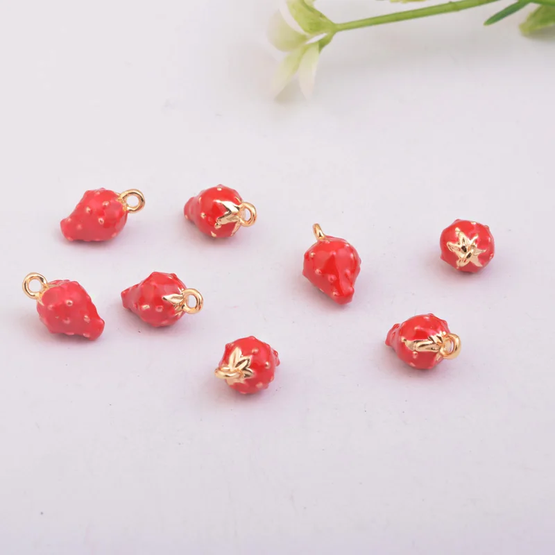 10pcs High Quality Strawy Enamelled Charms Dripping Oil Gold Color Strawberry Enamel Pendant Jewelry Accessories Finding