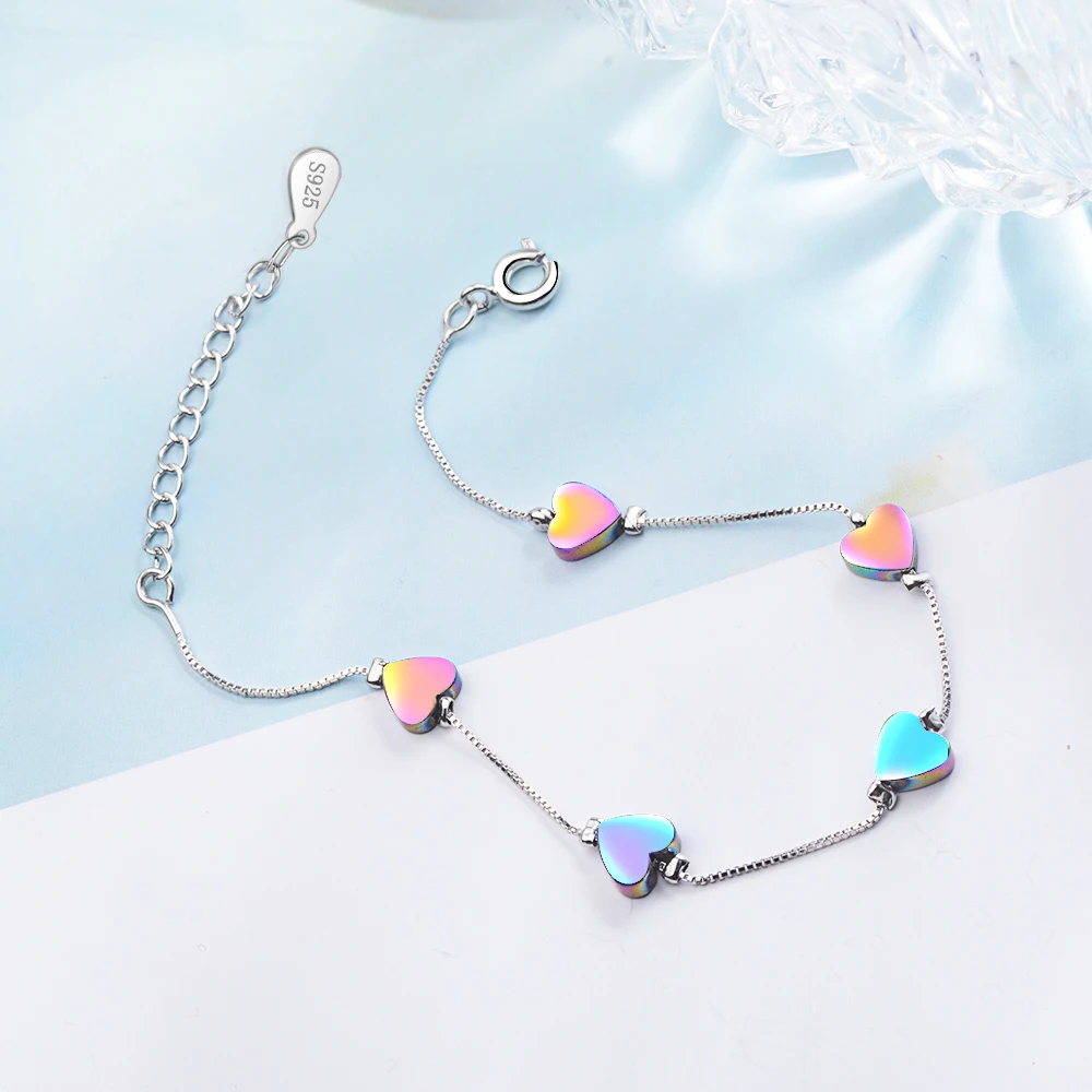 Sweet Coloful Love Heart 925 Sterling Silver Bracelet For Women Fine Jewelry S-b213