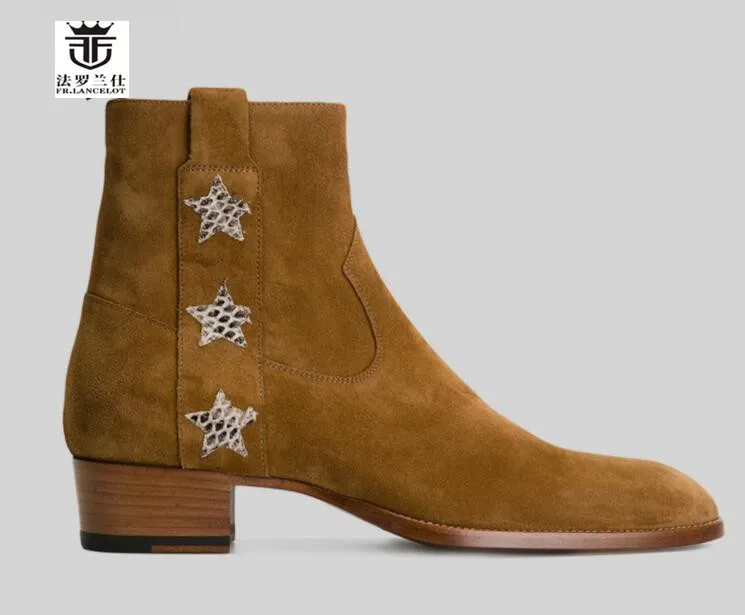 FR.LANCELOT Brown Suede leather Boots High end real leather boot British Style Men Short star Boots zip up 4cm heel men's boots