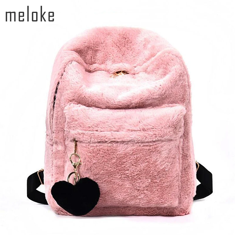 2023 Cute Solid Faux Fur Backpack Heart Pendant Winter Soft Women's Big Plush Backpack Pink Black White Rucksack