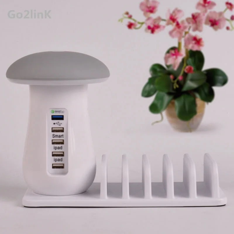 6 Ports USB HUB Mushroom Table Lamp Charger QC 3.0 Fast Charging Station Phone Adapter For Iphone 6 Samsung S8 Huawei P10