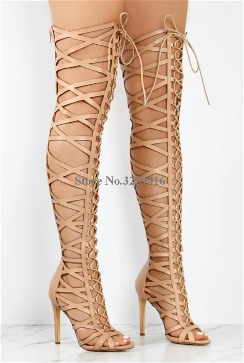 Lace-up Straps Cross Over Knee  Boots Gladiator Women Summer Sexy Cut-out Super High Heel Thigh Long Sandal Boots Dress Shoes