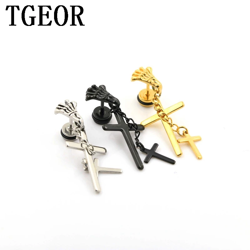 free shipping NEW illusion cheaters 20pcs Stainless Steel skeleton hand dangle 2 crosses piercing fake plugs