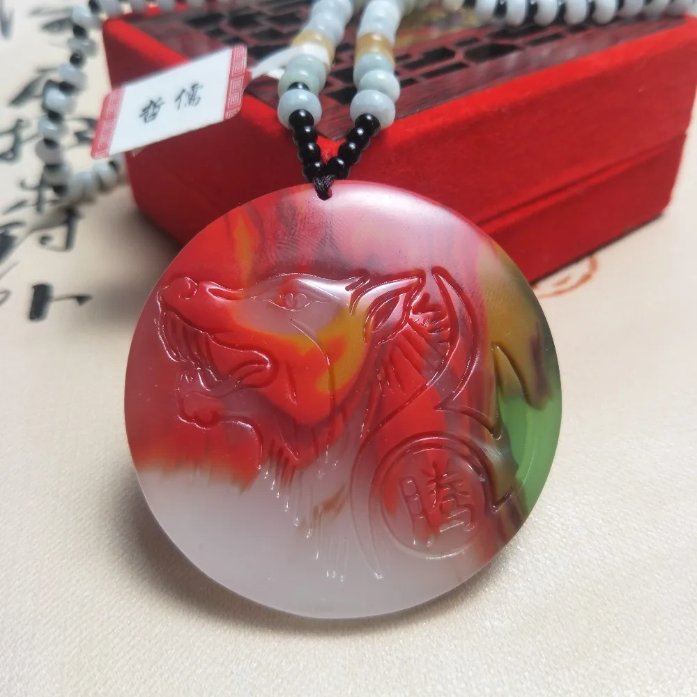 Zheru Jewelry Pure Natural Colorful Jade Multicolor Wolf Head Pendant Tricolor Jade Bead Necklace Send National Certificate