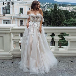 LORIE Champagne Boho Wedding Dress 2024 Lace Appliques Tulle Backless Beach Wedding Gowns Off Shoulder Princess Bridal Dress