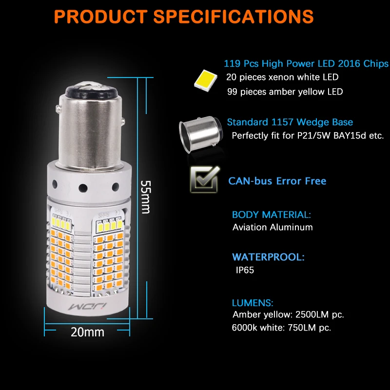 iJDM No Hyper Flash 21W 1157 LED Canbus P21/5W BAY15d LED Switchback White/Amber LED Bulbs For Daytime Running/Turn Signal Light