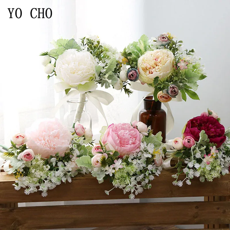 

YO CHO Wedding Bouquet Silk Peonies Rose Bridal Holder Artificial Flowers Bridesmaids Bouquets Marriage Wedding Bouquets Flowers