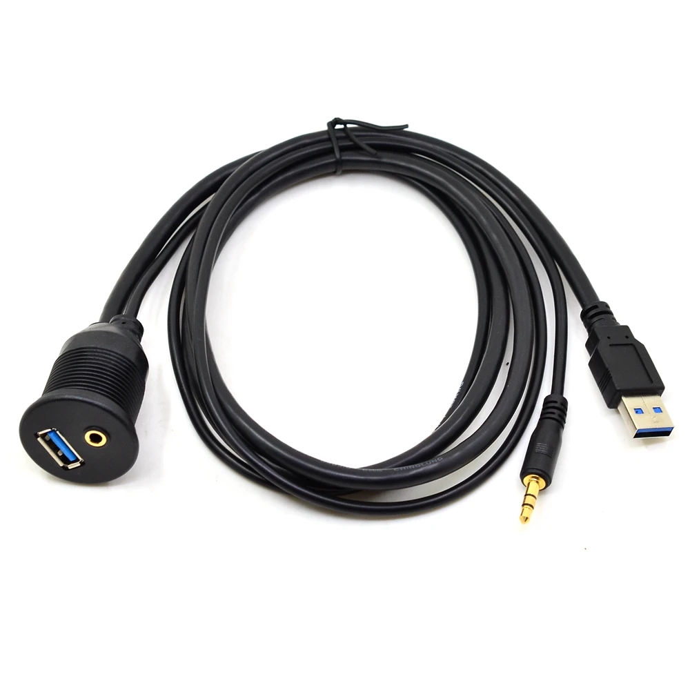 1m Car Dashboard Moto Flush Mount Panel USB 3.0 3.5mm M/F AUX Lead Extension Cable Car Styling Dashboard for Motocycle