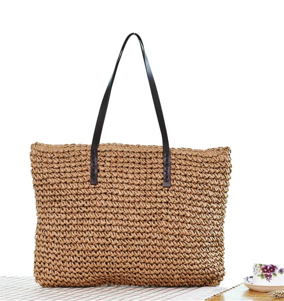 Frauen Handtasche Sommer Strand Tasche Rattan Gewebt Handarbeit Gestrickte Stroh Große Kapazität Totes Leder Frauen Schulter Tasche Böhmen Neue – Detail 13