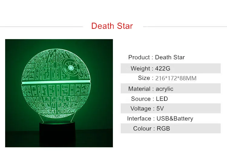 LED Night Mood Light, 3D Table Lamp, Yoda, USS, Entertainment, Football, Gawell, Meditation, Battery, USB, 5V, Death Star