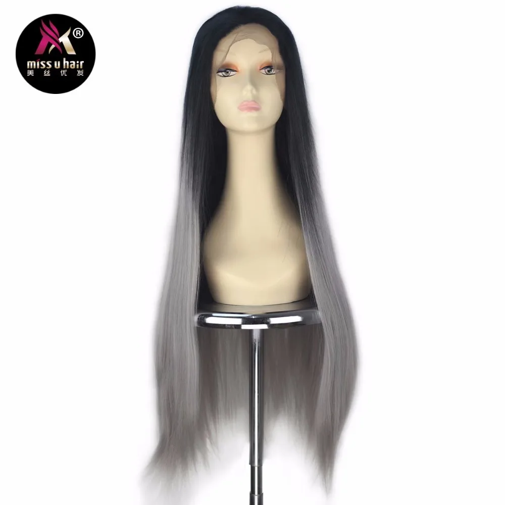 Miss U Hair 31.5Inch Women Synthetic Long Straight Lace Front Wigs Ombre Black Grey Brown Hair Wigs Hand Tied