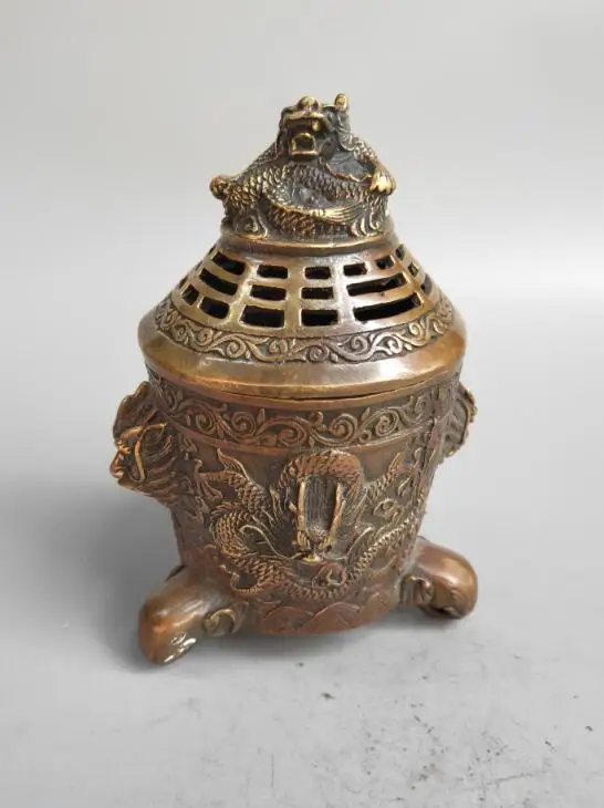 

Chinese archaize brass dragons play pearl statue Incense burner