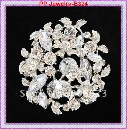 

High Quality Free Shipping 12PCS/LOT Silver Alloy Rhinestone Flower Brooches Wedding Invitation Brooches