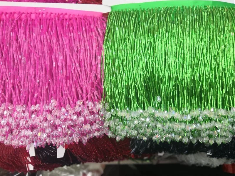 Pink and green color  unique and hot selling 5yards 14cm beads with white stones tassel fringe for wedding decoration dress