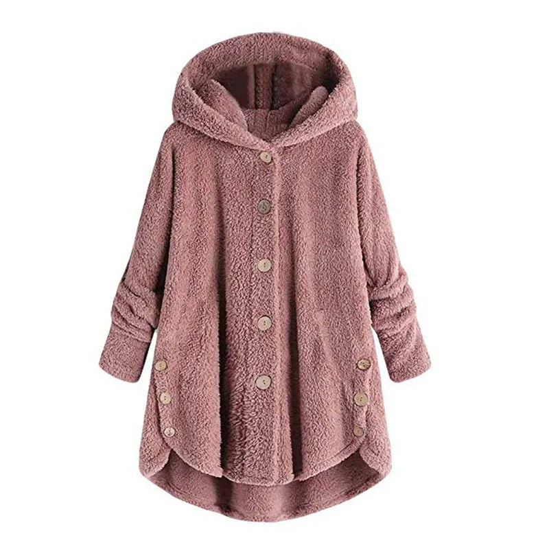 

Winter Women's Hooded Flannel Jacket Fashion Female Cloak Warm Coat European and American Button Plush Irregular Solid Coat