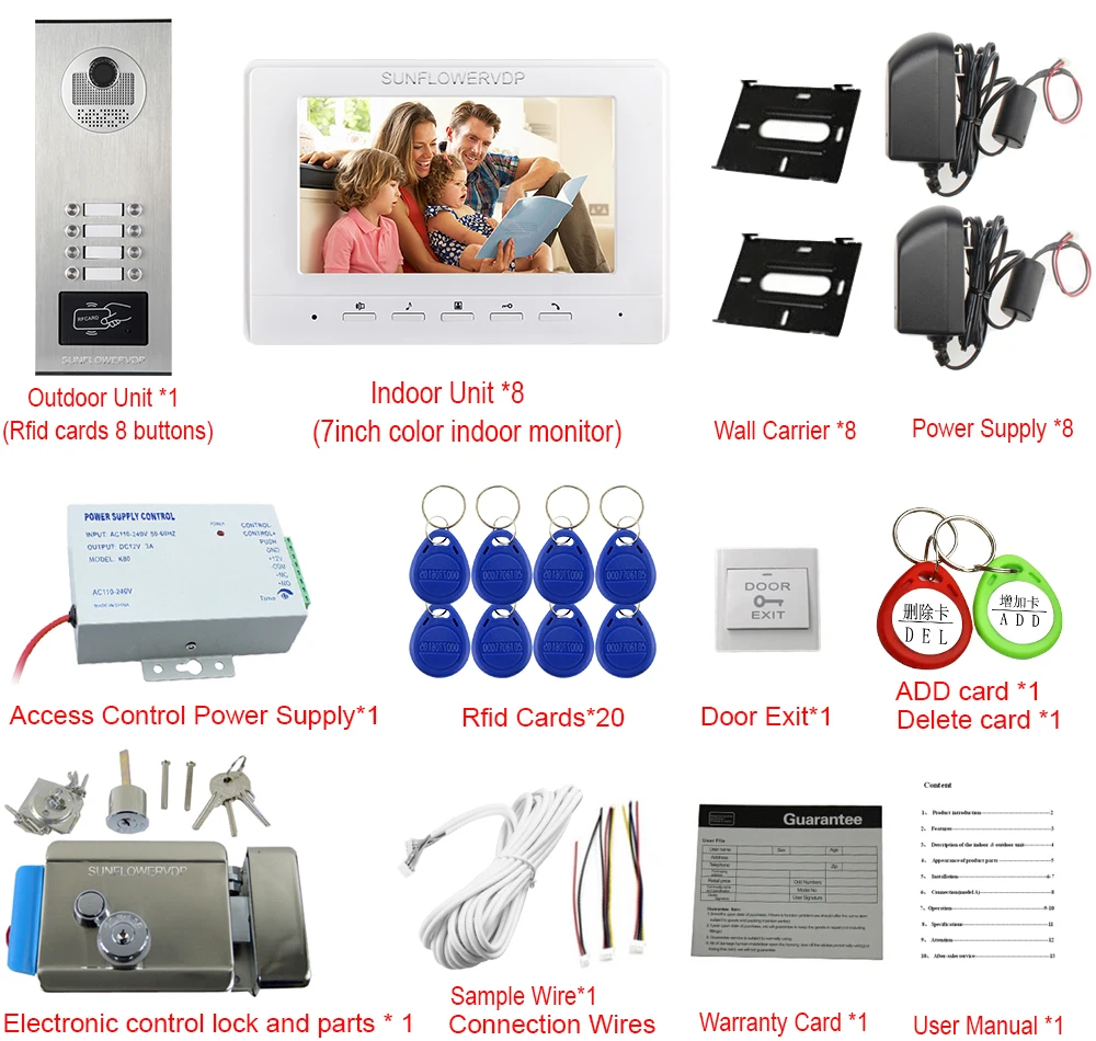 8 Buttons Outdoor Camera + 8 Lcd Color 7inch MonitorsVideo Call With a Monitor For The Door With Electronic Door Lock  Doorphone