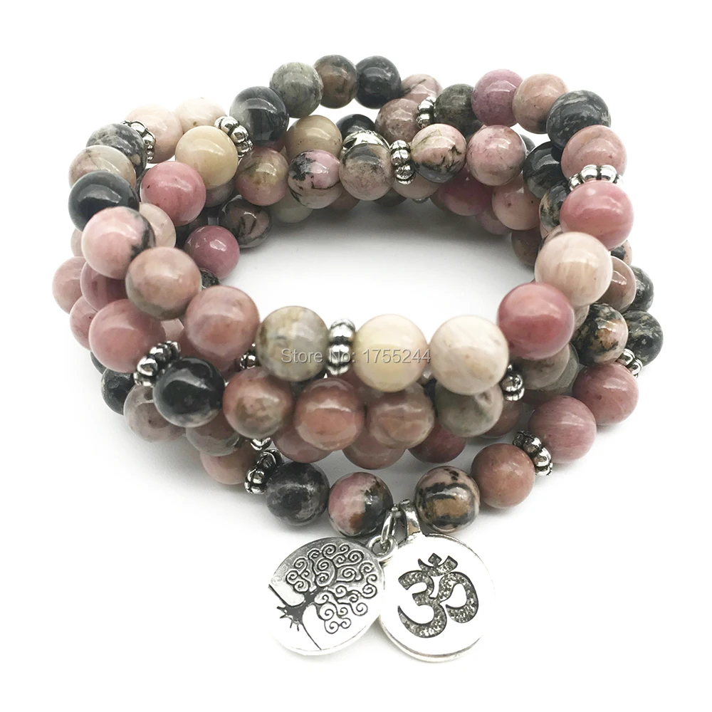 SN1374 Ohm Tree of Life Beaded Bracelets 108 Mala Bracelet For Women Natural Black Vein Rhodonite Stone Bracelet