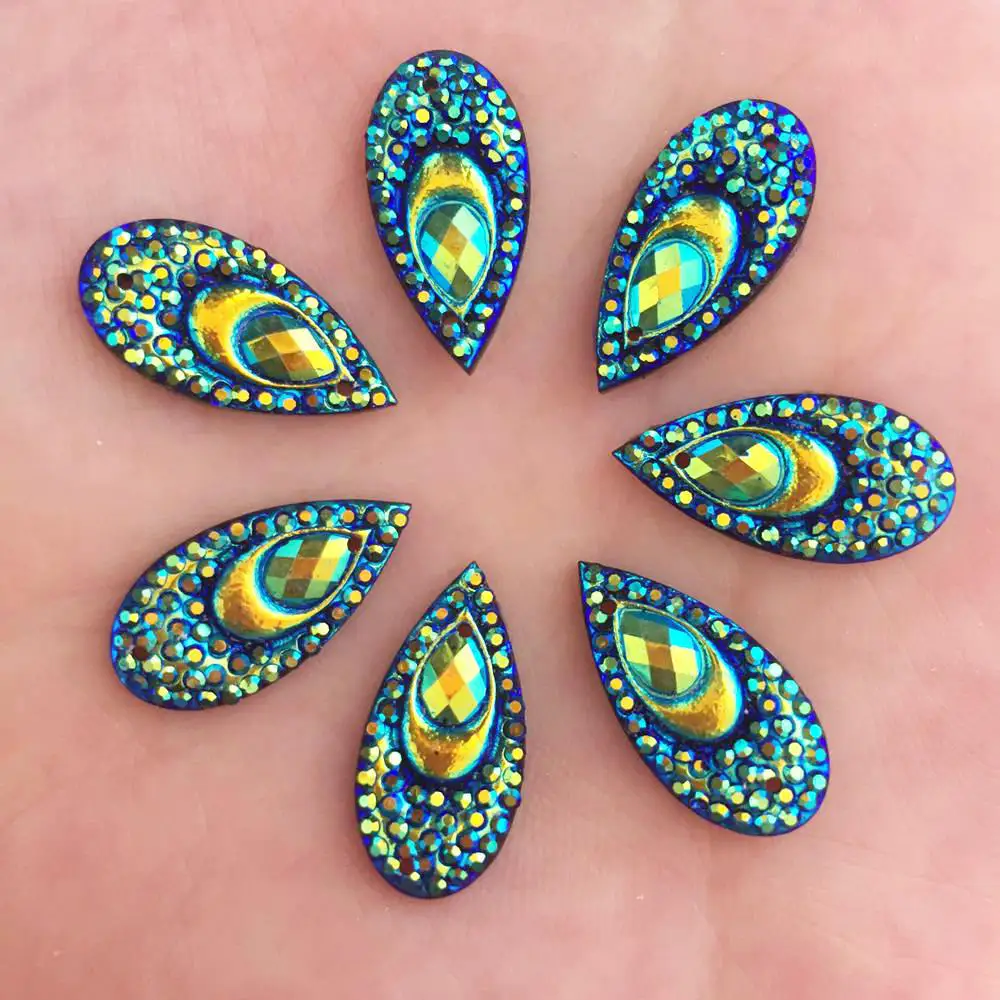 40PCS AB Resin 10*20mm Teardrop Peacock eye Flat back rhinestone applique scrapbook Wedding Embellishment diy 2 hole craft SK83