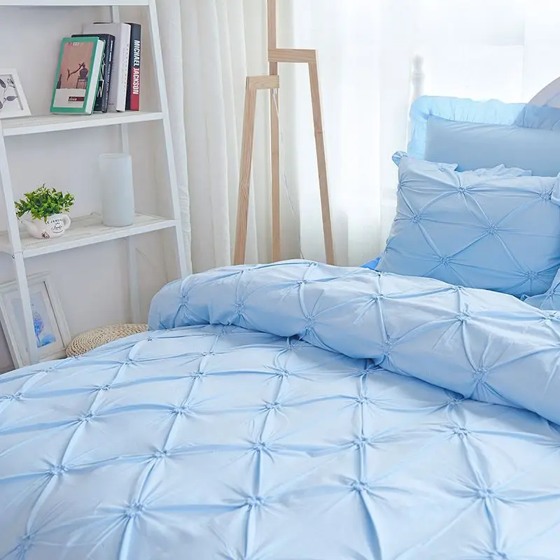 Handwork Pinch Pleat Bedding Sets 100% Cotton 4pcs Sky Blue Princess Quilt/Duvet Cover Bedspreads Bed Skirt Pillowcases