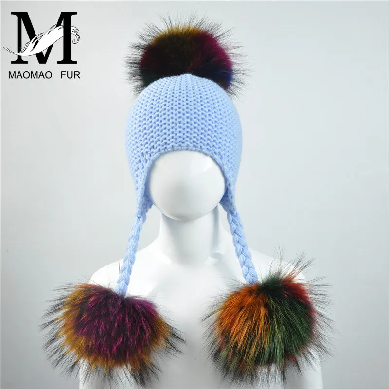 Jxwatcher Baby Knitted Winter Hats Child Real Raccoon Fur Pompom Cap Kids Warm Beanies Girls Boys Ears Fur Hat