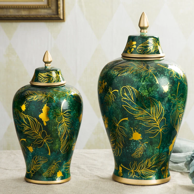 European Style Ceramic Floor Jar New Chinese Model Room Home Living Room Decorative Vase green with gold porcelain Temple jar