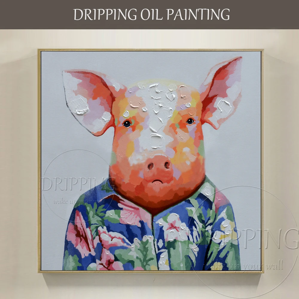 Funny Design Artist Hand-painted Fashion Piggy Wearing Flower Shirt Oil Painting on Canvas Funny Pig Oil Painting for Wall Decor