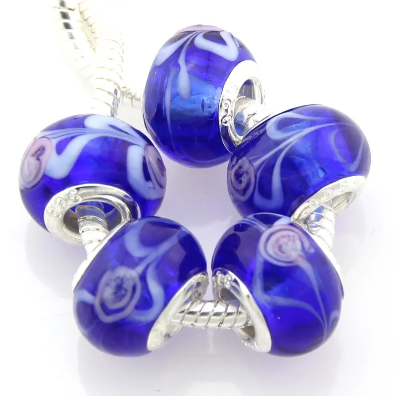 5pcs /Lot Fashion Murano Glass Lampwork Beads Big Hole Silver Colour Core For European Charm Bracelet Jewelry DIY G5