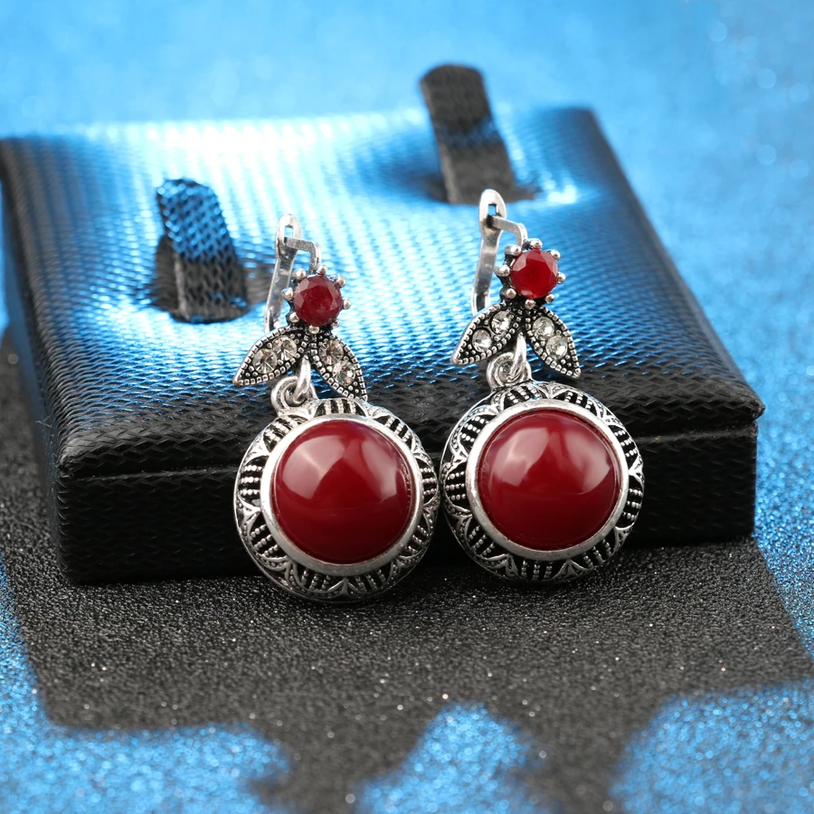 Wbmqda Hot 2018 Fashion Bohemia Red Resin Earring For Women Silver Color Vintage Jewelry Engagement Earrings Drop Shipping