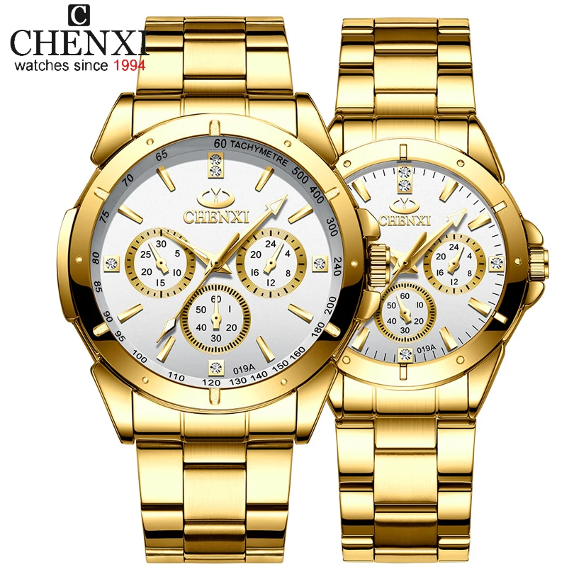 Marca superior CHENXI Set reloj hombres mujeres lujo cuarzo dorado pareja reloj de pulsera impermeable reloj de acero inoxidable relojes para hombre y mujer