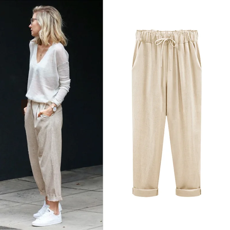 Cotton Linen Pants Elastic high Waist Ankle Length Casual Women Loose spring pants