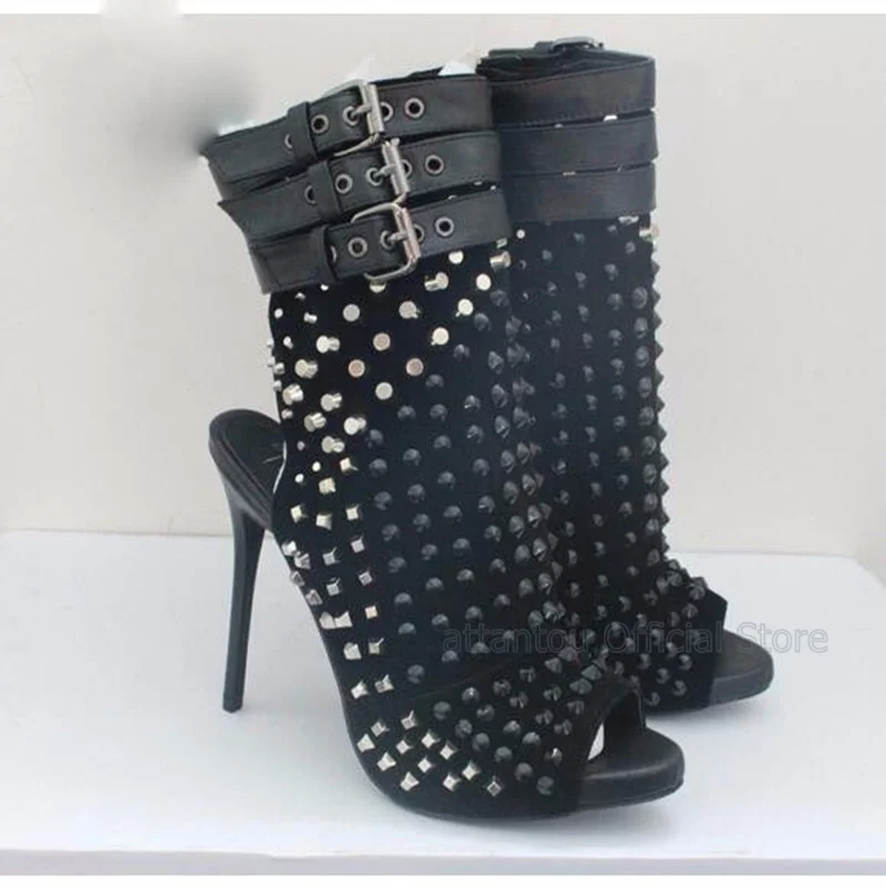 

Hot selling rivets studded ankle boots summer open toe ankle strap gladiator sandal boots cutouts woman boots black white