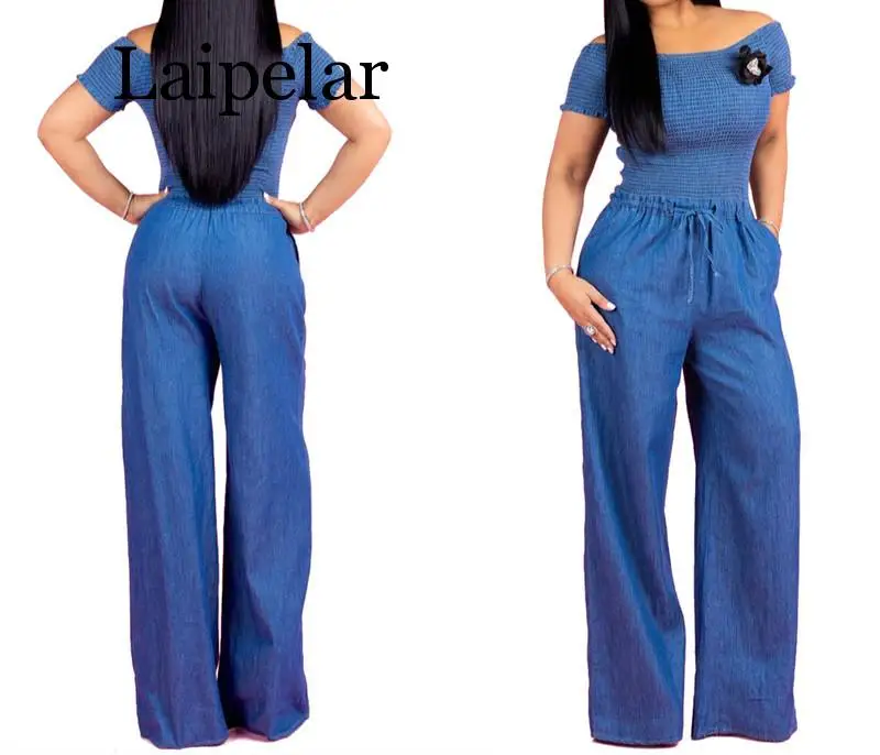 

Laipelar New arrival Europe and the fold a word shoulder denim jumpsuits with short sleeves Sexy wide legged jumpsuits