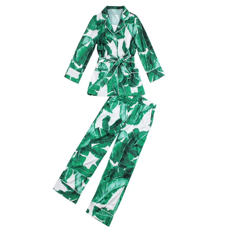 Runway 2018 autumn and winter new banana leaf print suit female suit collar pajamas coat jacket + straight pants two sets