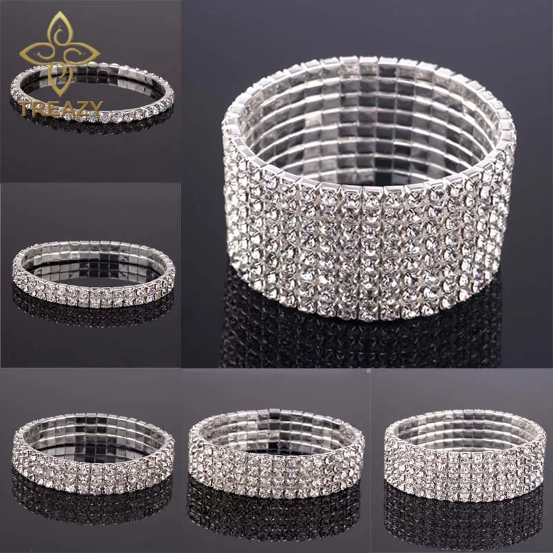 TREAZY 1-8 Rows Rhinestone Crystal Bracelet Bangle Elastic Bling Wristband Wedding Bridal Bridesmaid Bracelet Jewelry Gifts