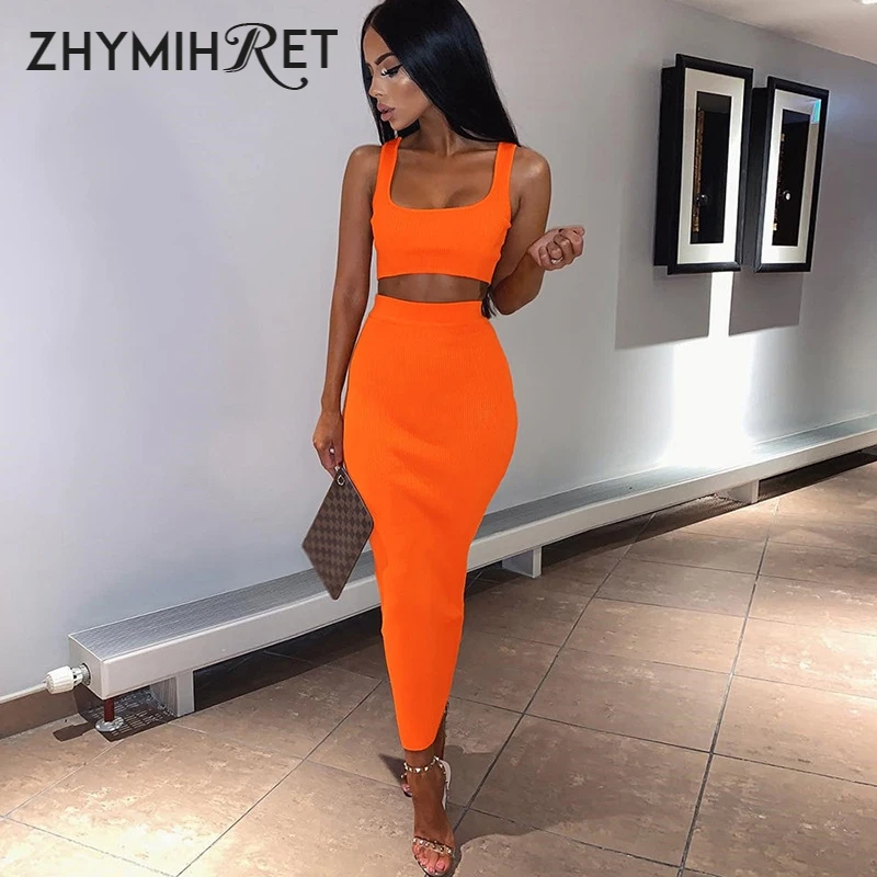 ZHYMIHRET 2023 Summer Neon Color Two Pieces Set Dress Women Sexy Ribbed Crop Top And High Waist Long Vestidos Two Piece Outfits