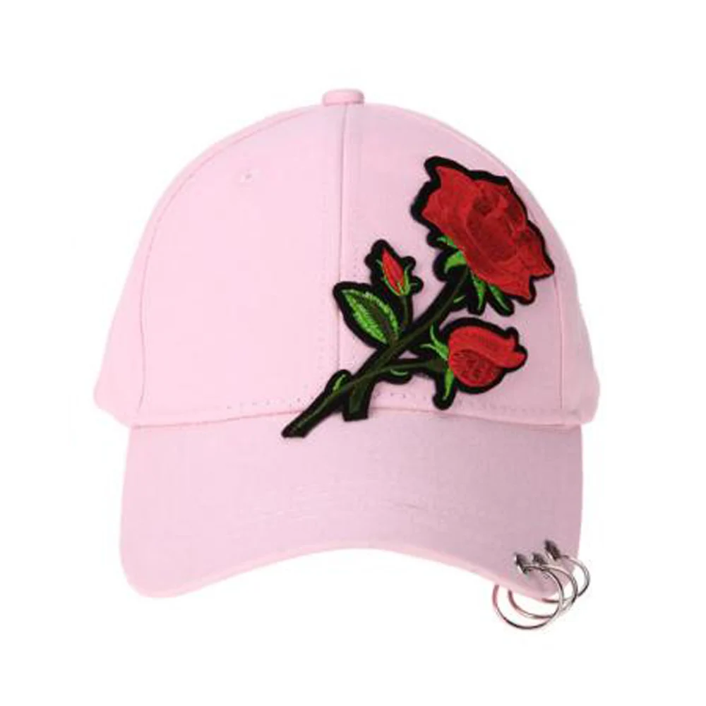 Frauen Männer Hip Hop Kpop Hysterese Baseball Kappe Große Rose Blume Mit Ringe Sport Tanzen Reise Papa Hut Caps Streetwear einstellbar