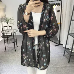 Kimono chiffon para as mulheres, cardigã estampado floral, blusa de manga comprida, encobrir a praia, estilo boho, solto, verão