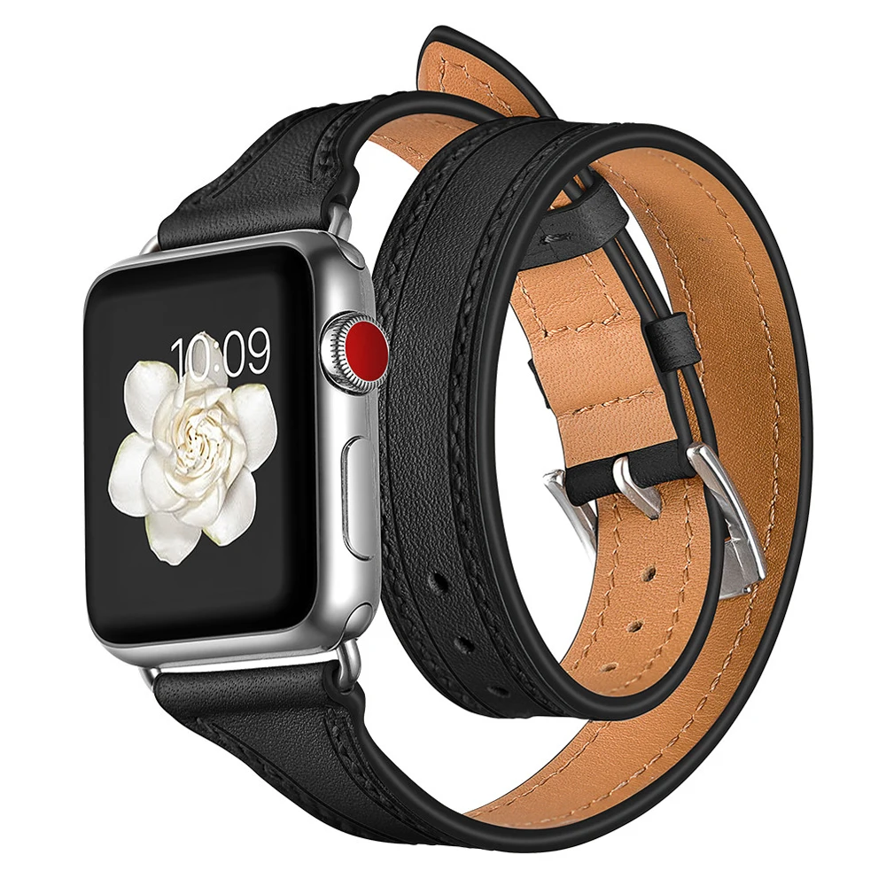 Double Tour For Apple watch band 40mm 44mm 45mm 41mm 42mm 38mm Genuine Leather watchband Bracelet iWatch serie 3 5 se 6 7 Strap image 3
